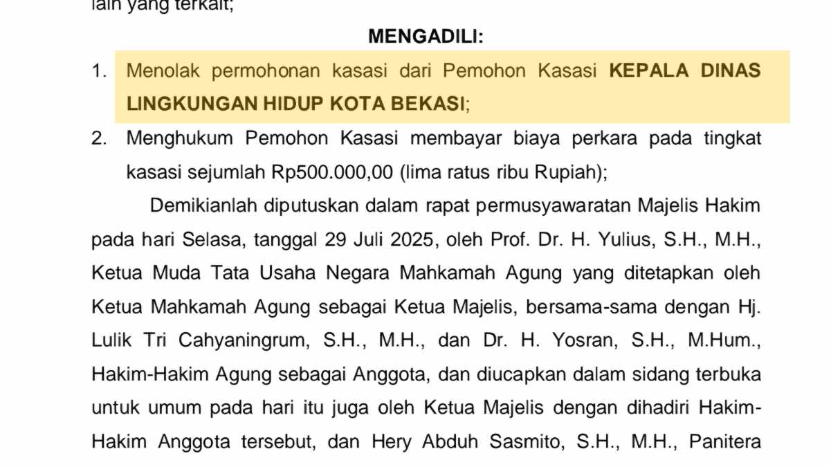 MA Tolak Kasasi Dinas LH Kota Bekasi, Wajib Buka Laporan Keuangan UPTD