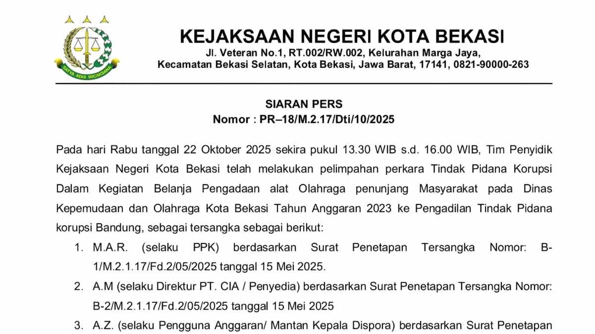 Kasus Korupsi Dispora Bekasi Naik ke Tipikor Bandung  ‎